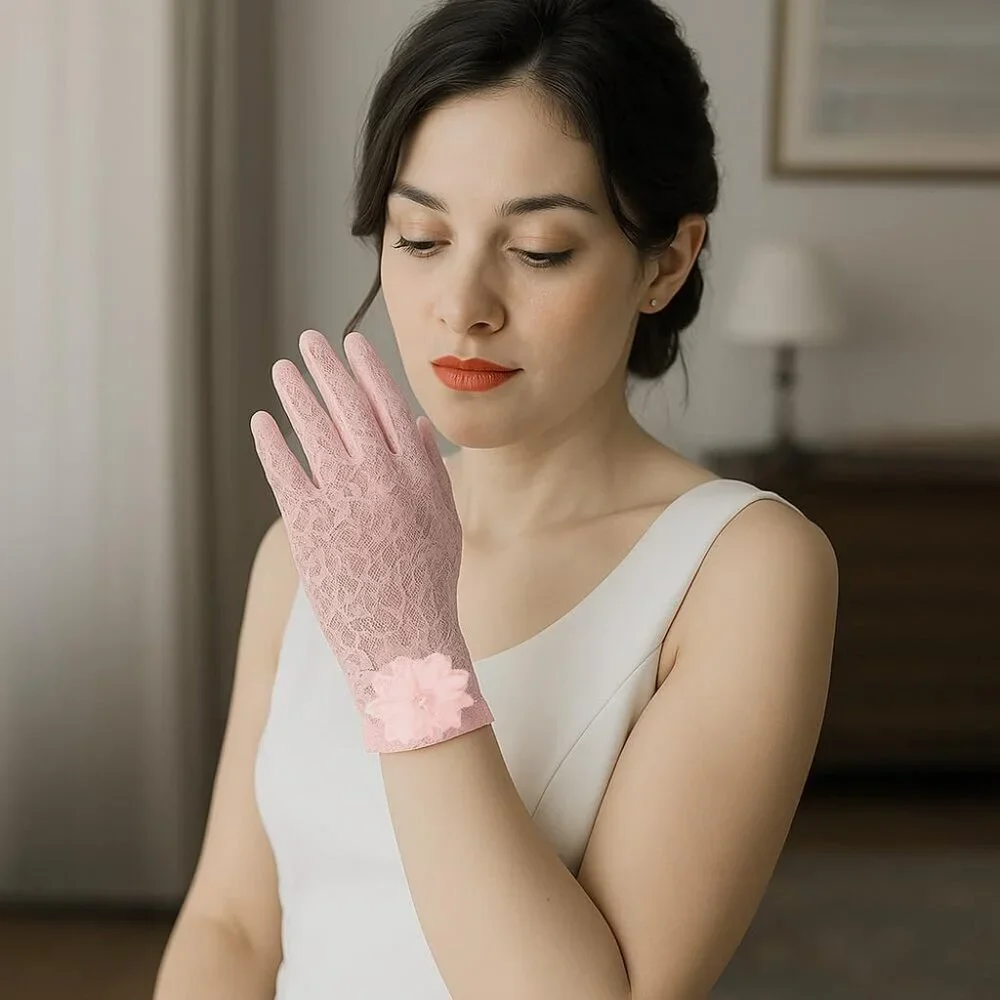 Women's Embroidery Light Pink Short Lace Wrist Gloves Design Party Accessories